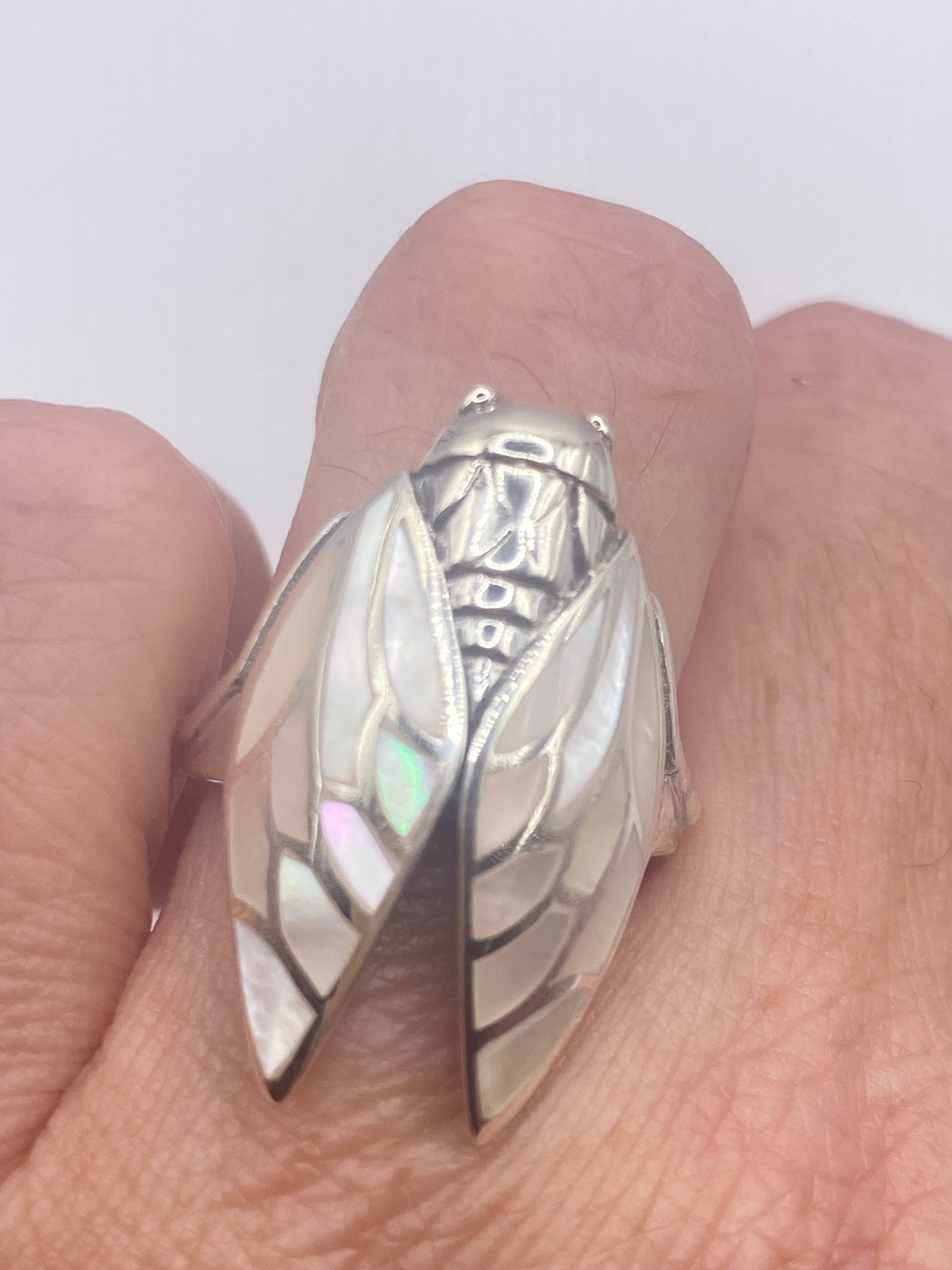 Antique Deco Mother of Pearl Cicada 925 Sterling Silver Ring
