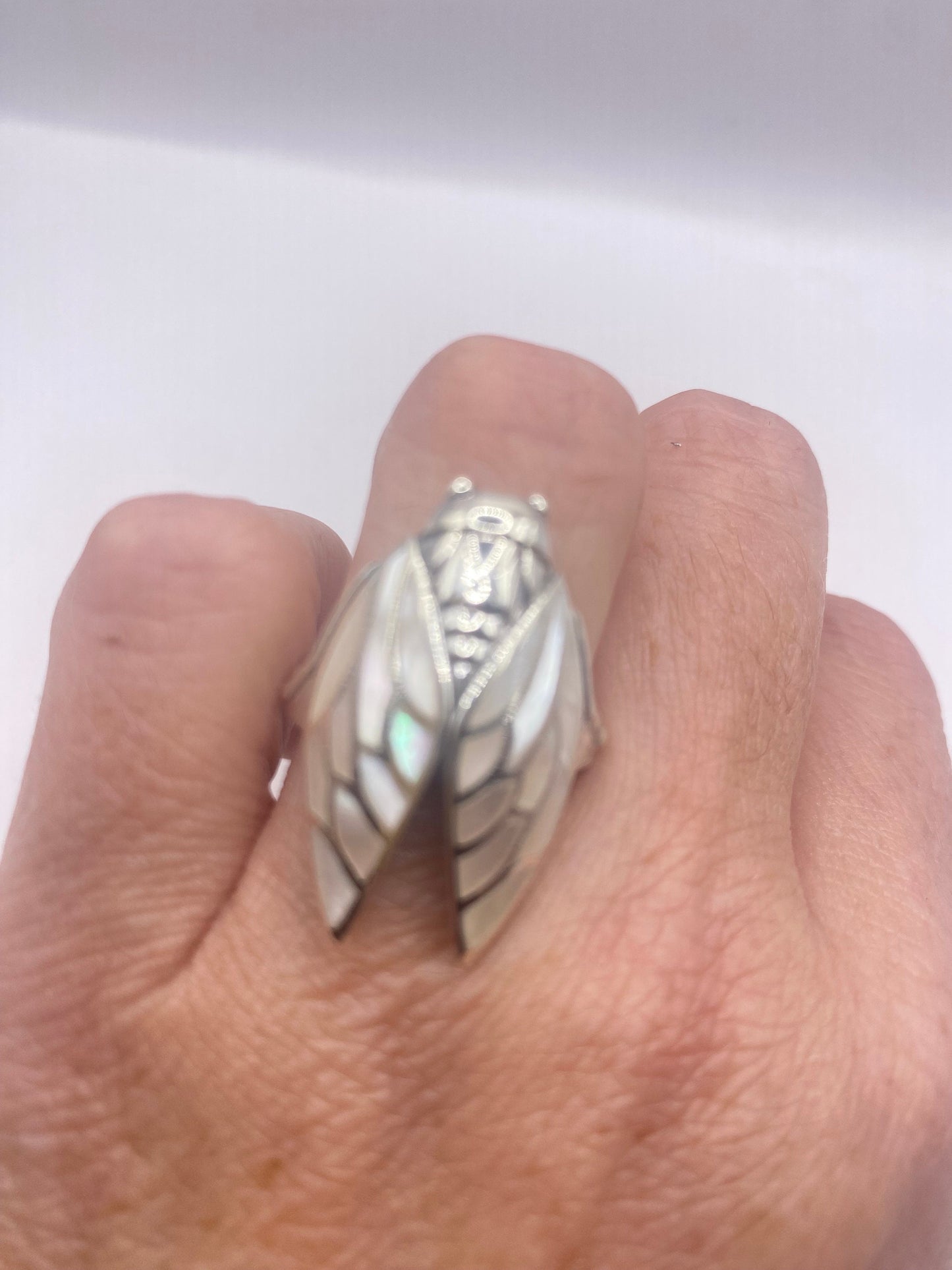 Antique Deco Mother of Pearl Cicada 925 Sterling Silver Ring