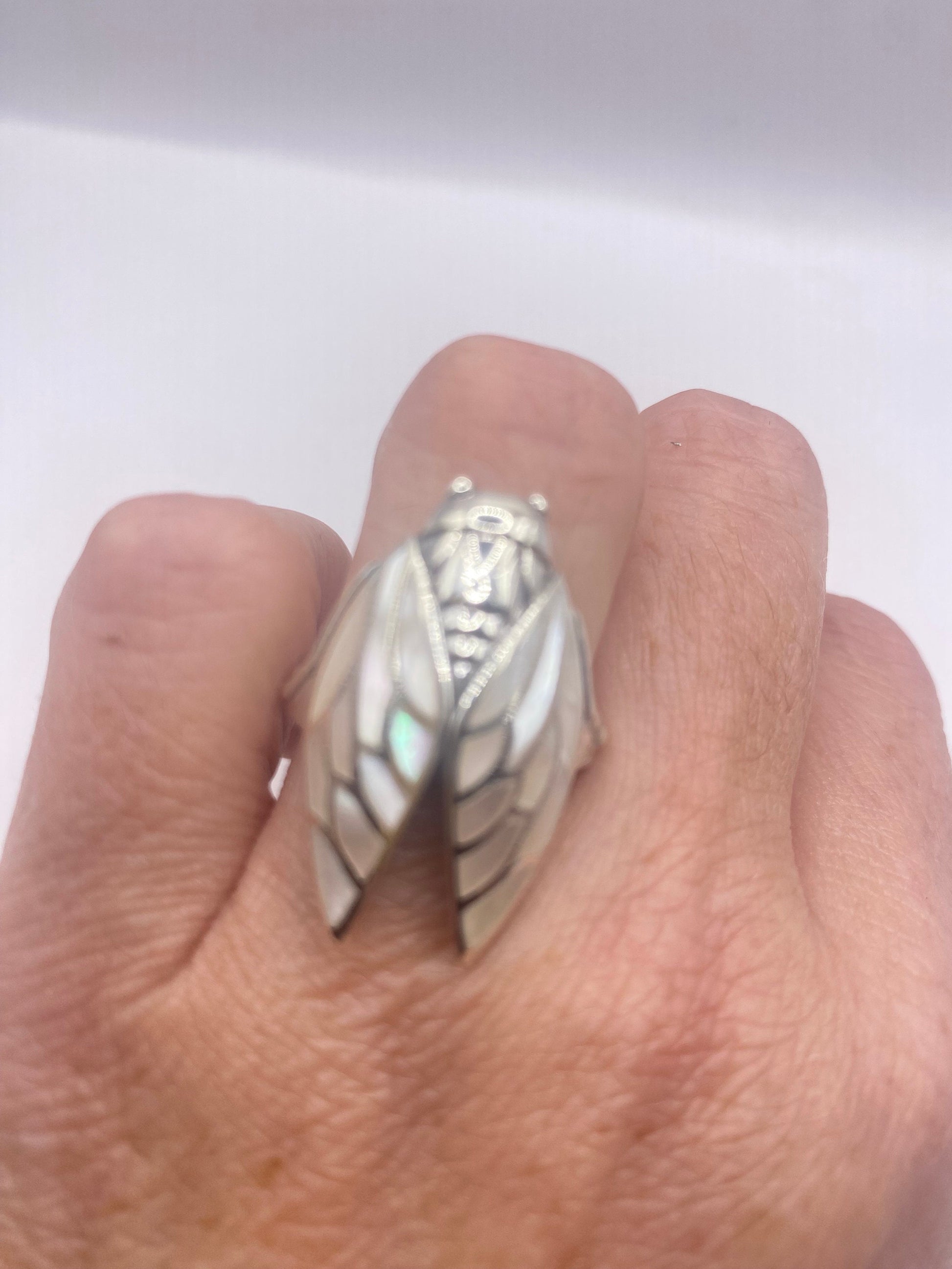 Antique Deco Mother of Pearl Cicada 925 Sterling Silver Ring
