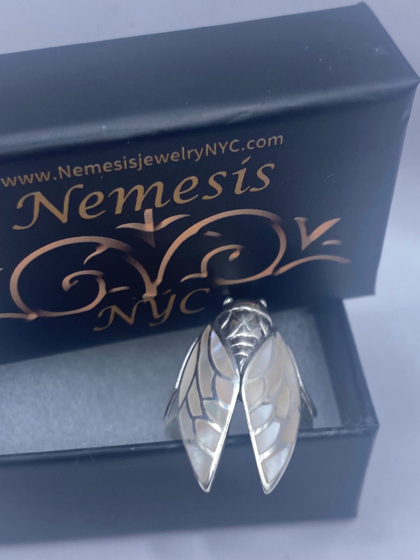 Antique Deco Mother of Pearl Cicada 925 Sterling Silver Ring