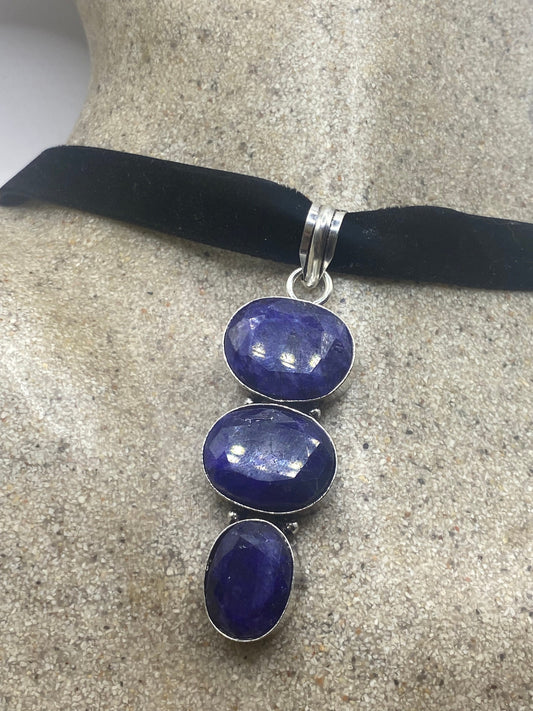 Vintage Raw Blue Sapphire and Pearl Choker Pendant