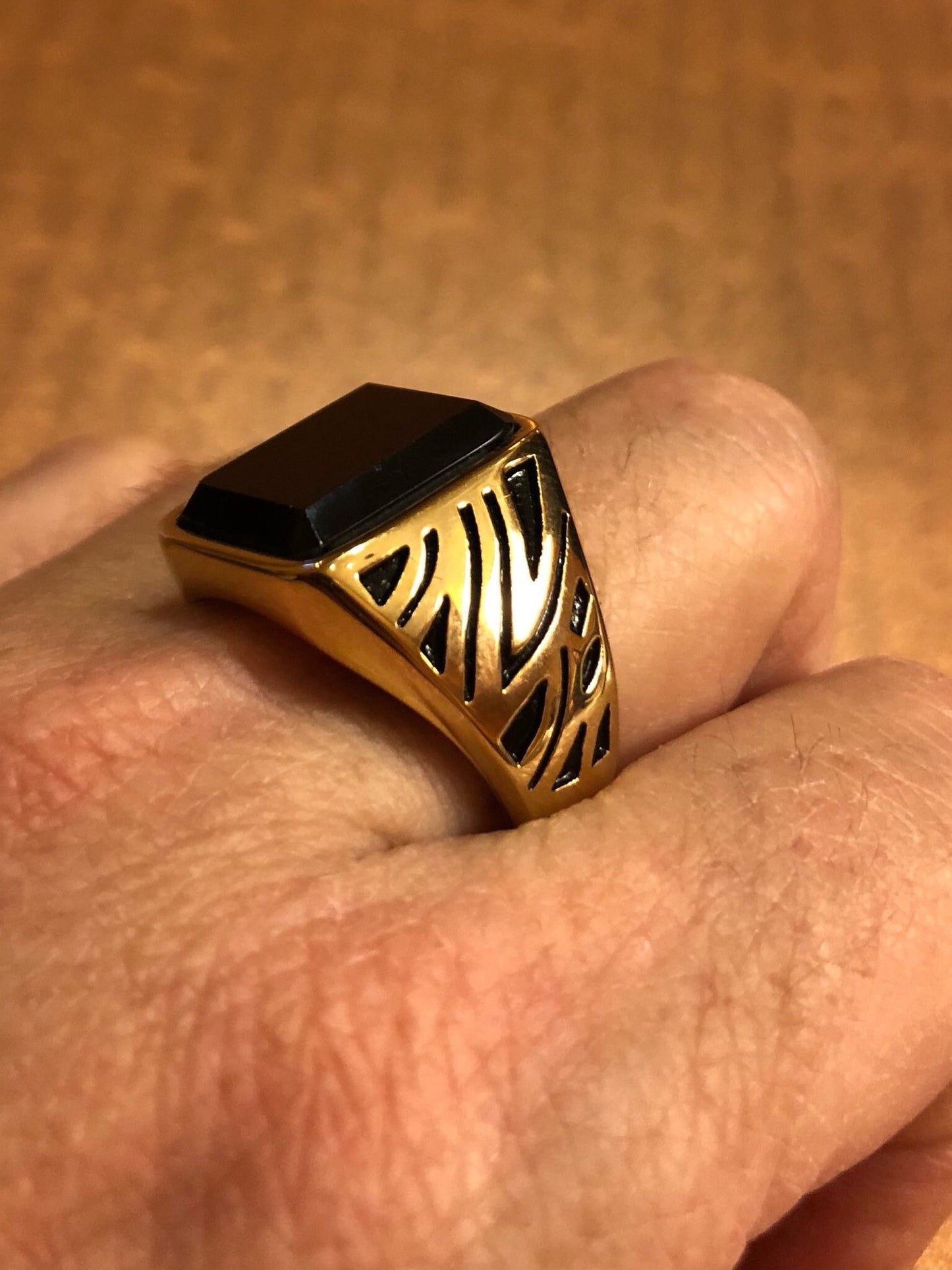 Vintage Gothic Gold Finished Stainless Steel Black Onyx Mens Ring