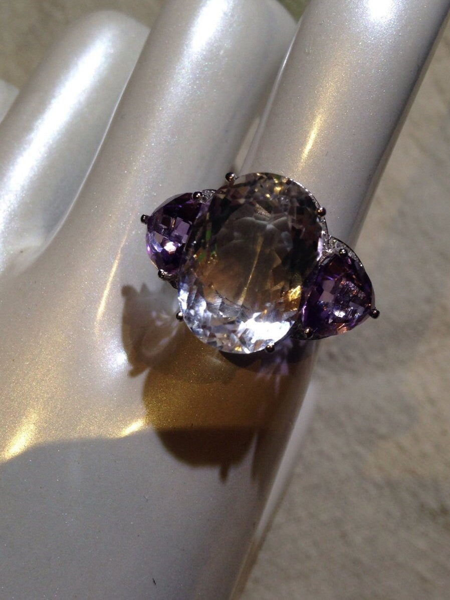 Vintage Clear Quartz Purple Amethyst 925 Sterling Silver Ring