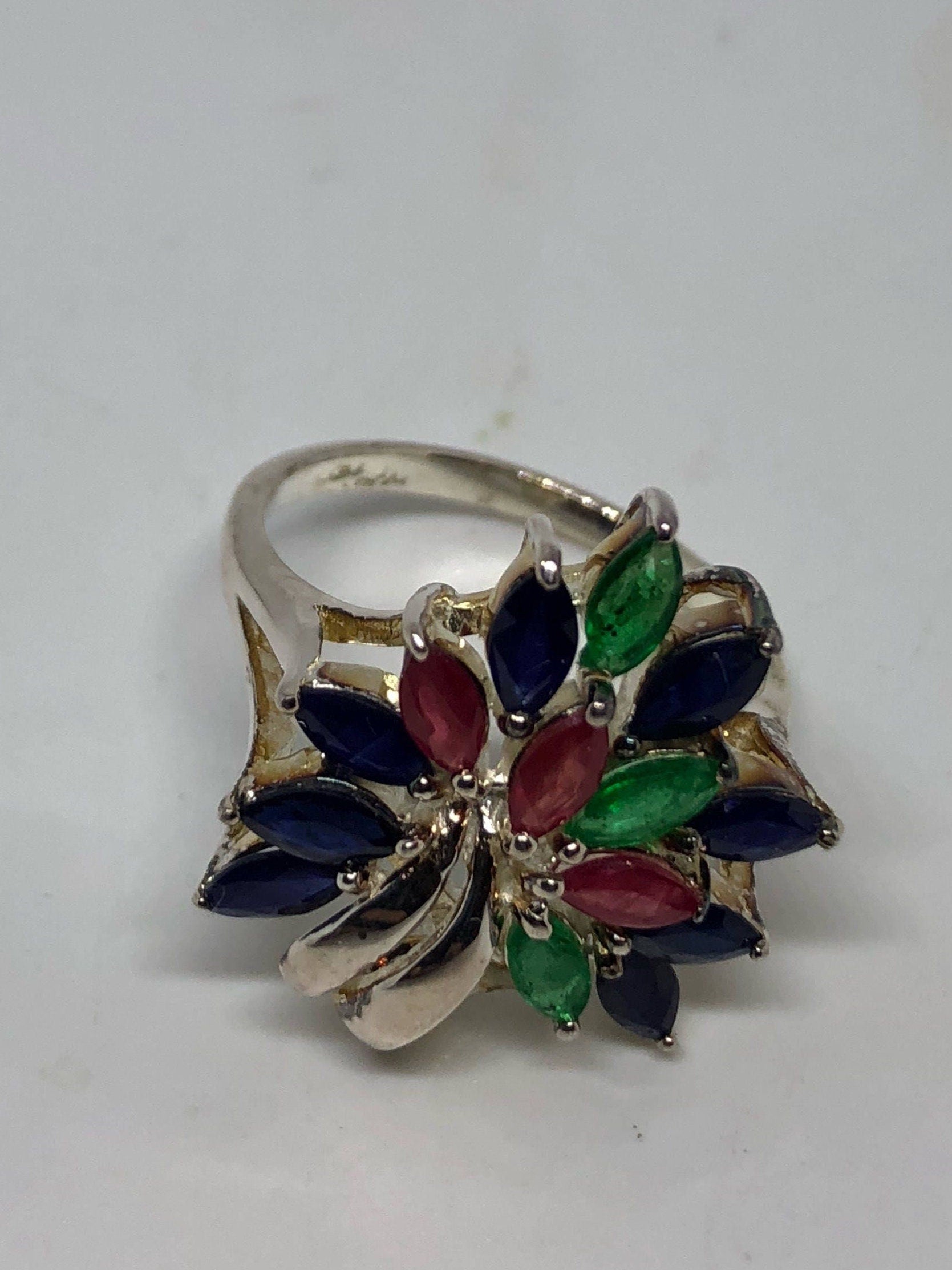 Vintage Ruby Emerald Sapphire Sterling Silver Cocktail Ring