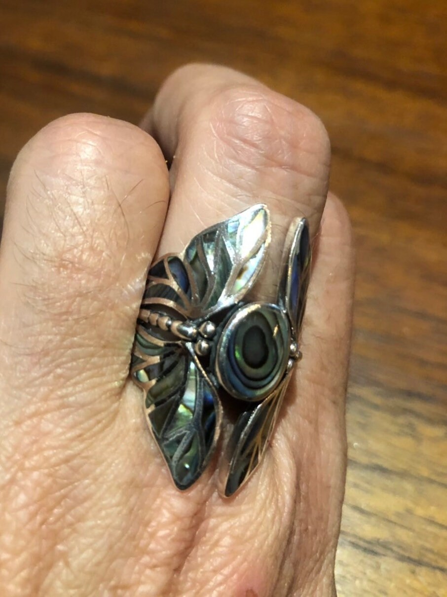 Antique Deco Abalone Lunar Moth Filigree Sterling Silver Ring