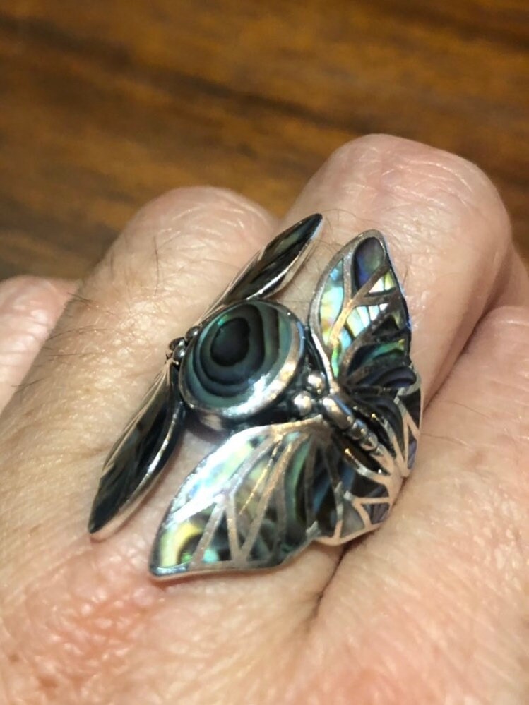 Antique Deco Abalone Lunar Moth Filigree Sterling Silver Ring