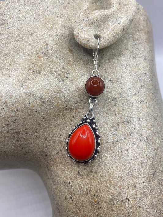 Vintage Red Coral and Carnelian Earrings 925 Sterling Silver Leverback