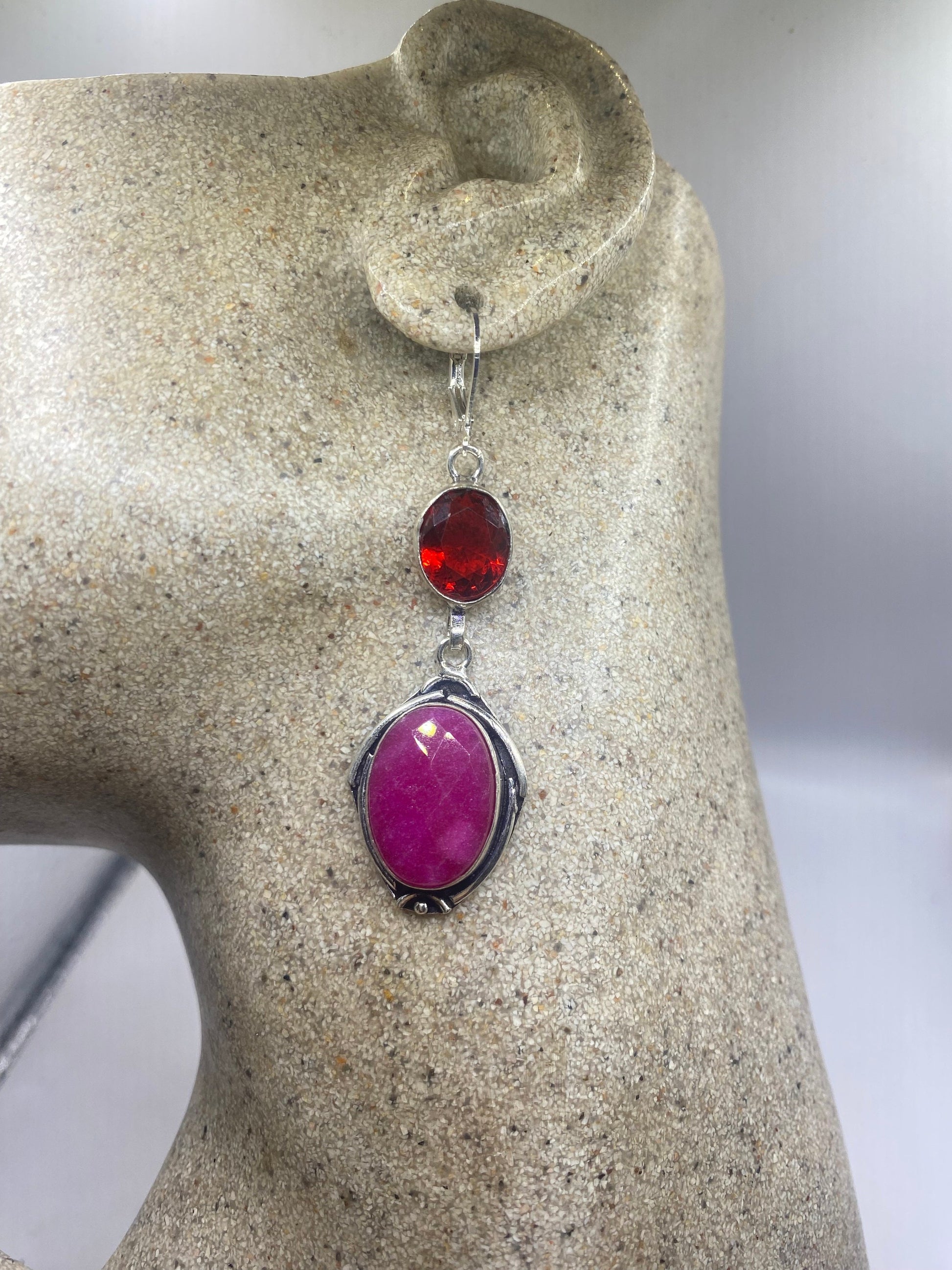 Vintage Pink Raw Ruby Earrings 925 Sterling Silver Leverback