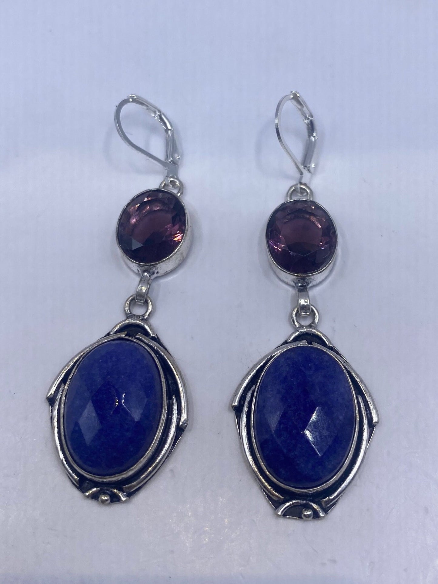 Vintage Blue Raw Sapphire Sterling Silver Lever Back Chandelier Earrings