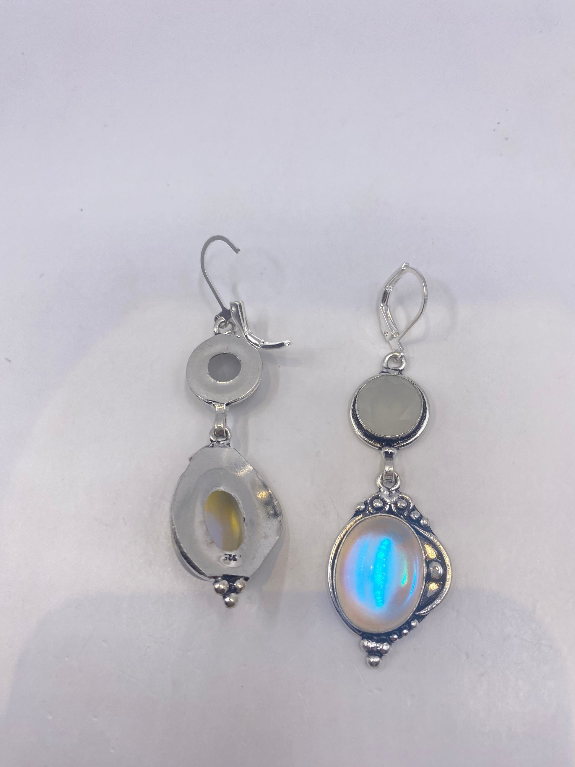 Antique Vintage Blue White Opal Glass Silver Dangle Earrings