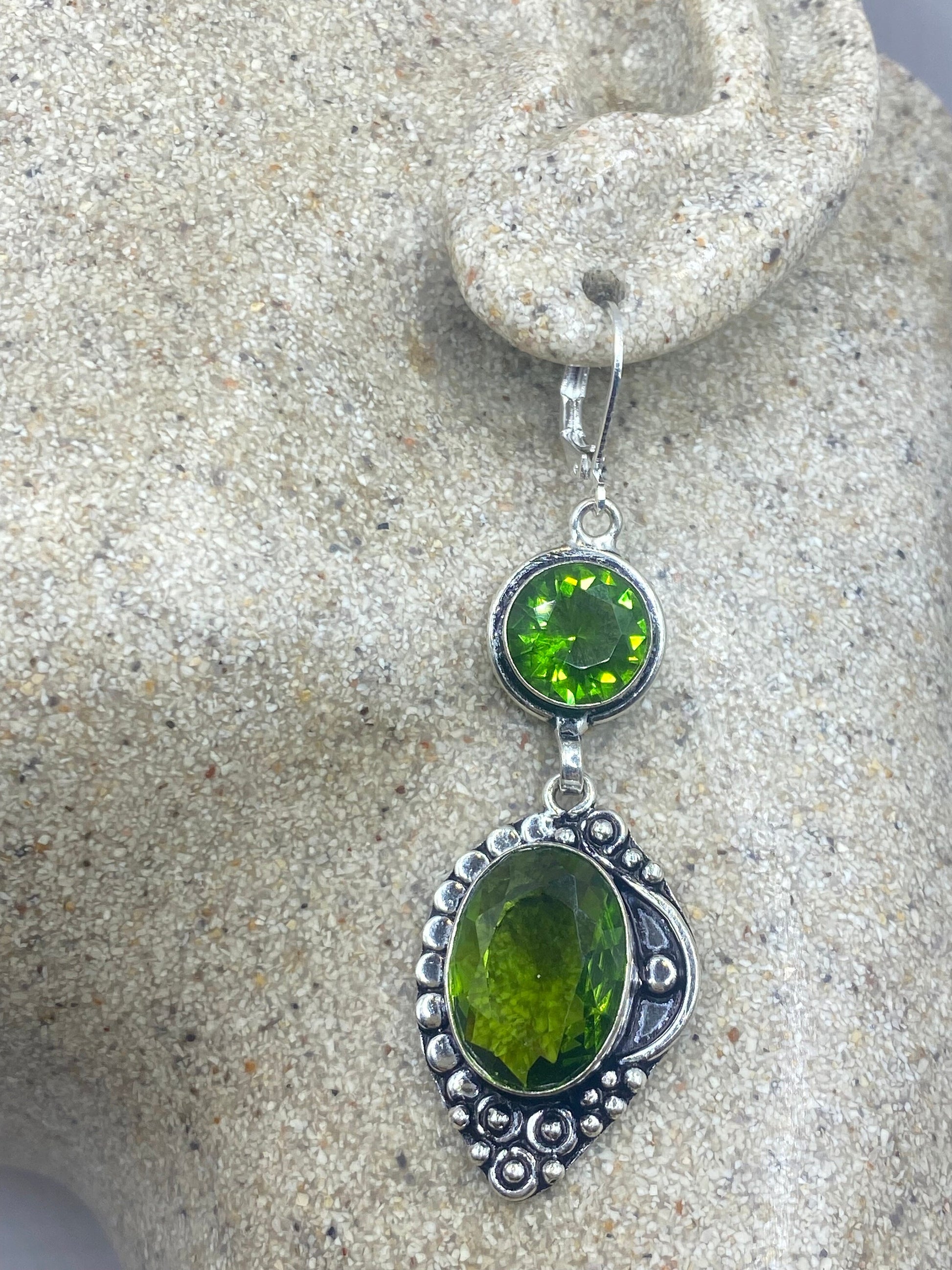 Antique Vintage Green Peridot Glass Silver Dangle Earrings