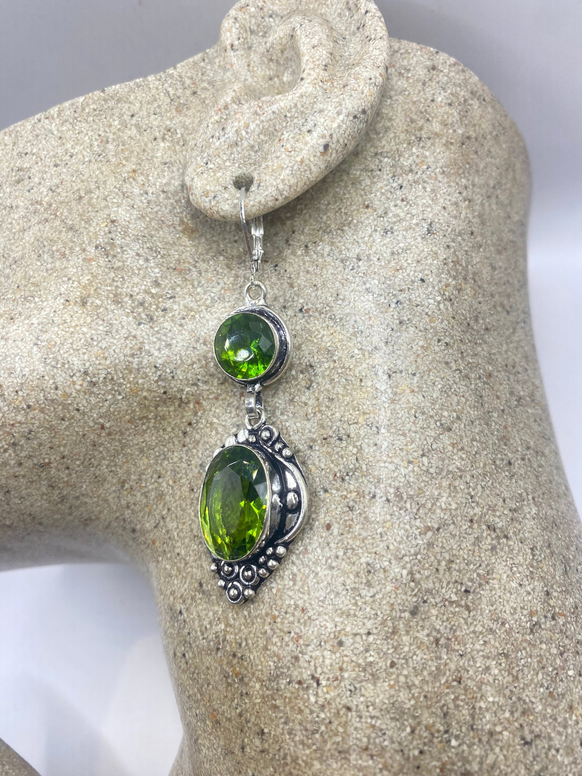 Antique Vintage Green Peridot Glass Silver Dangle Earrings