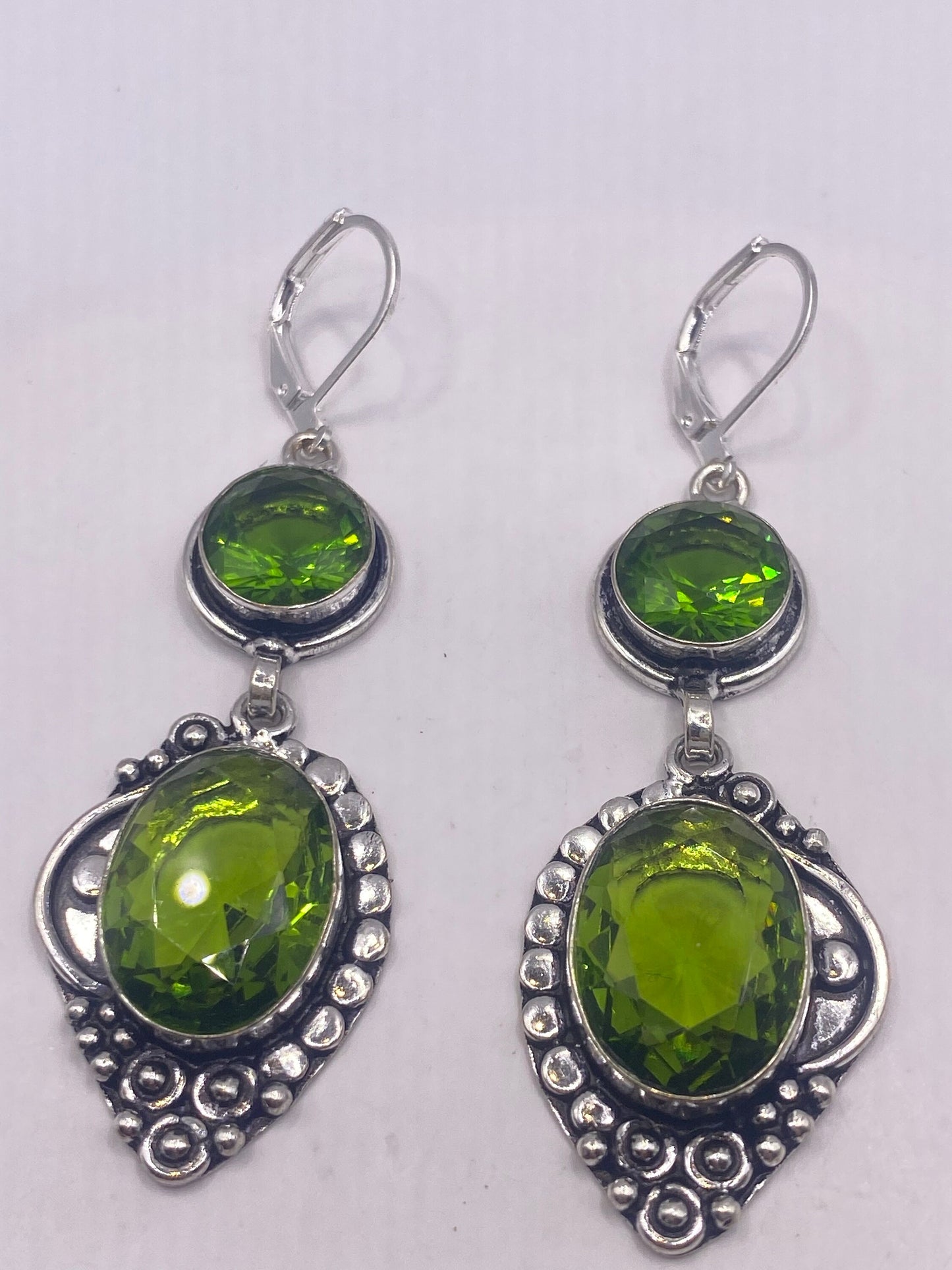 Antique Vintage Green Peridot Glass Silver Dangle Earrings