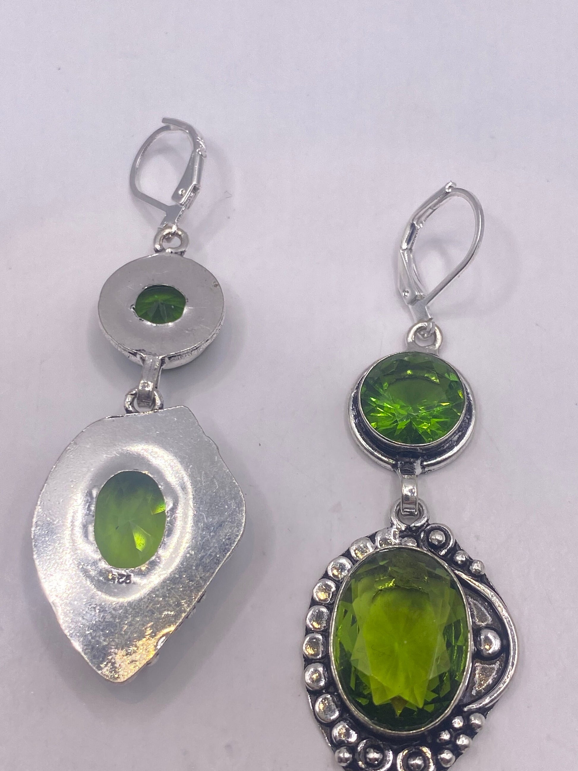 Antique Vintage Green Peridot Glass Silver Dangle Earrings