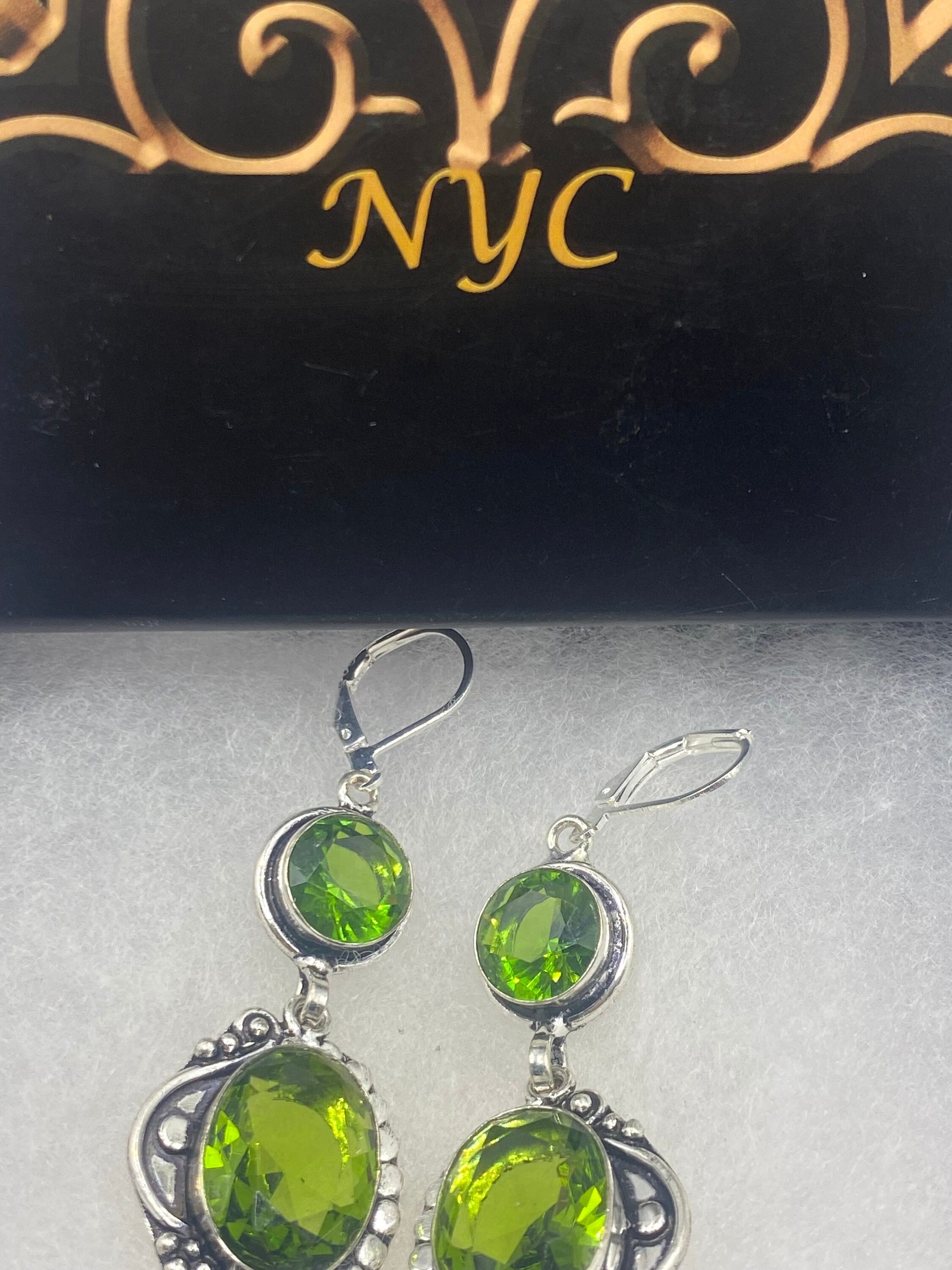 Antique Vintage Green Peridot Glass Silver Dangle Earrings