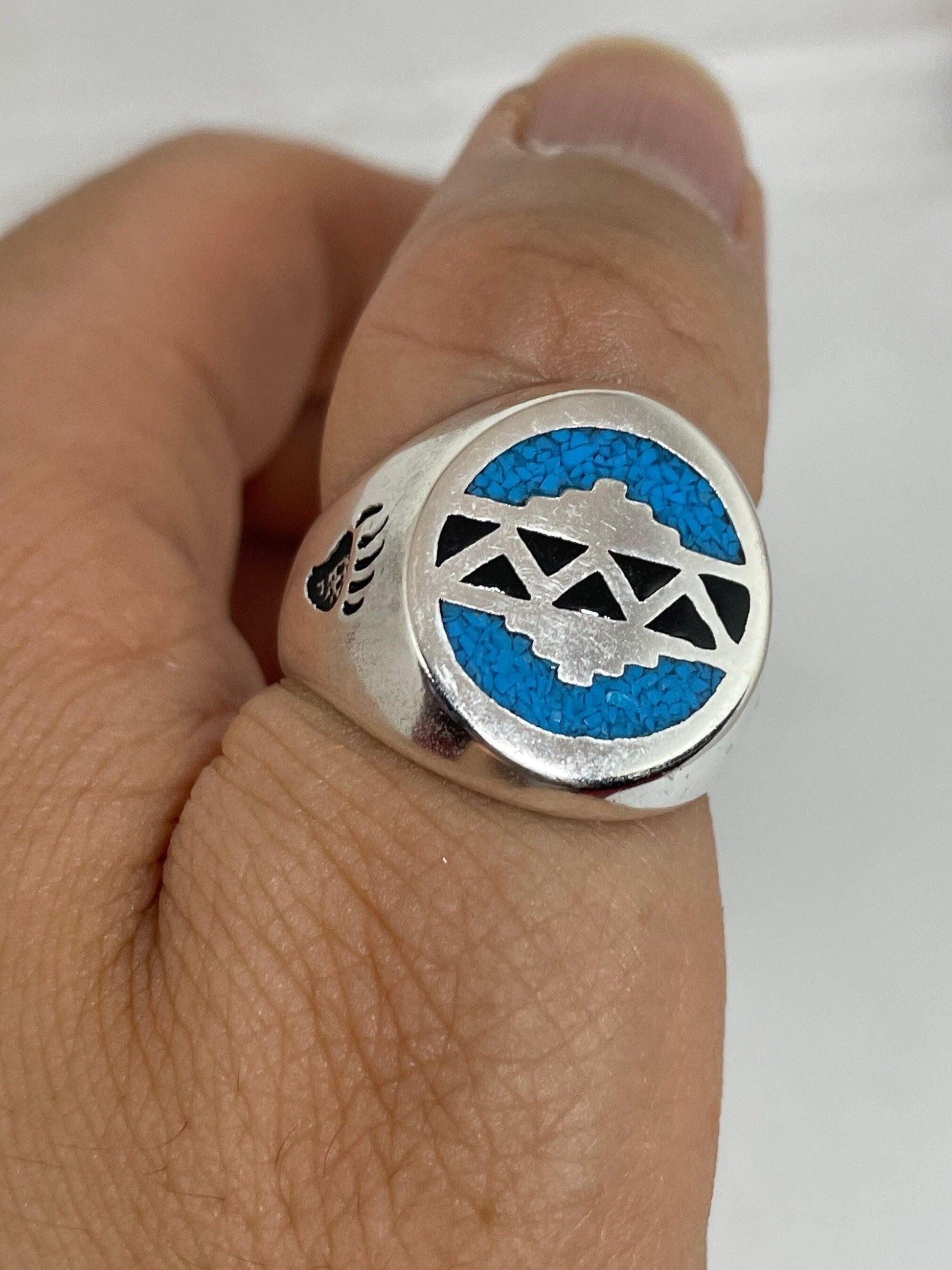 Vintage Native American Style Southwestern Turquoise Stone Inlay Mens Ring