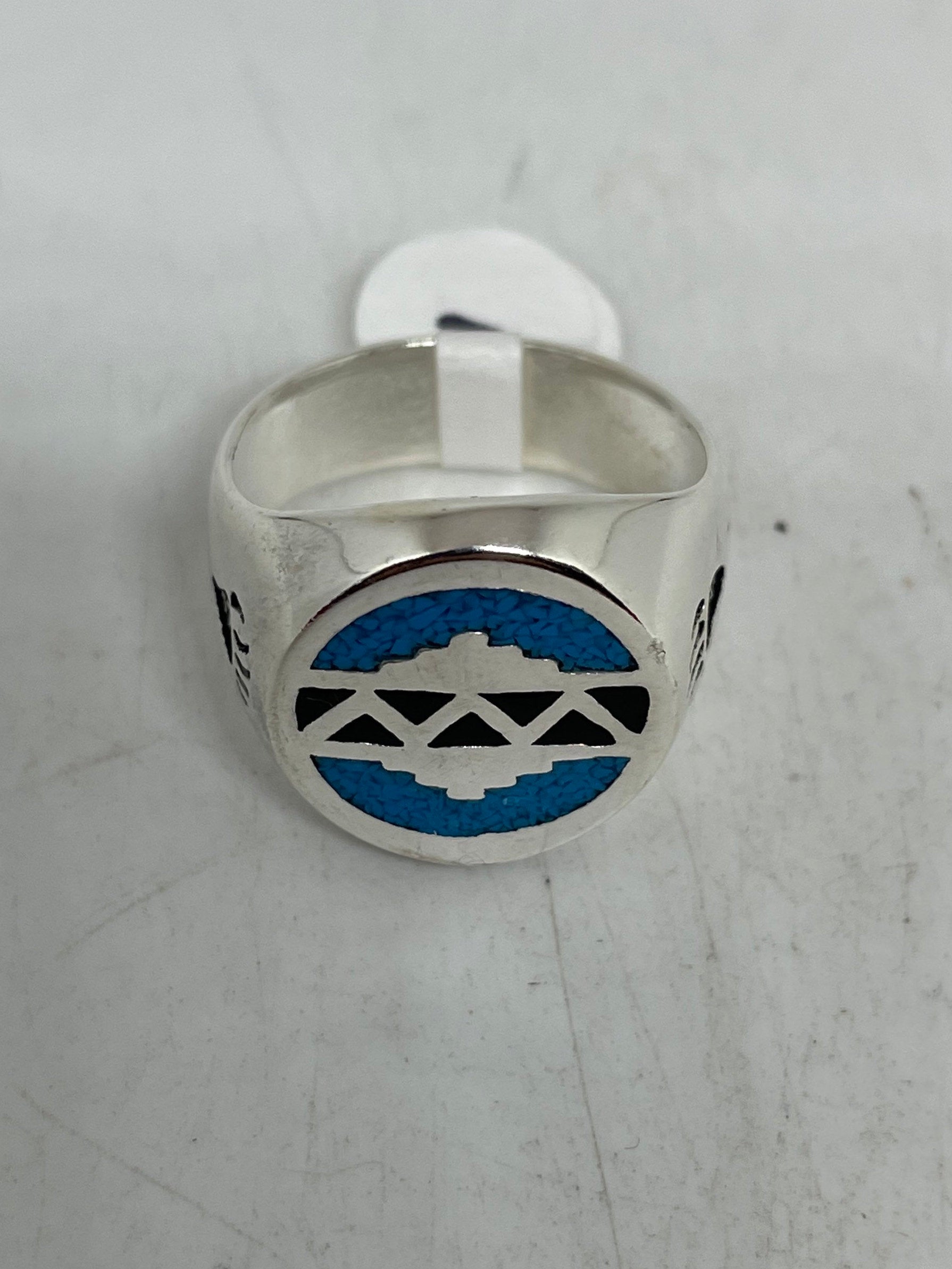 Vintage Native American Style Southwestern Turquoise Stone Inlay Mens Ring