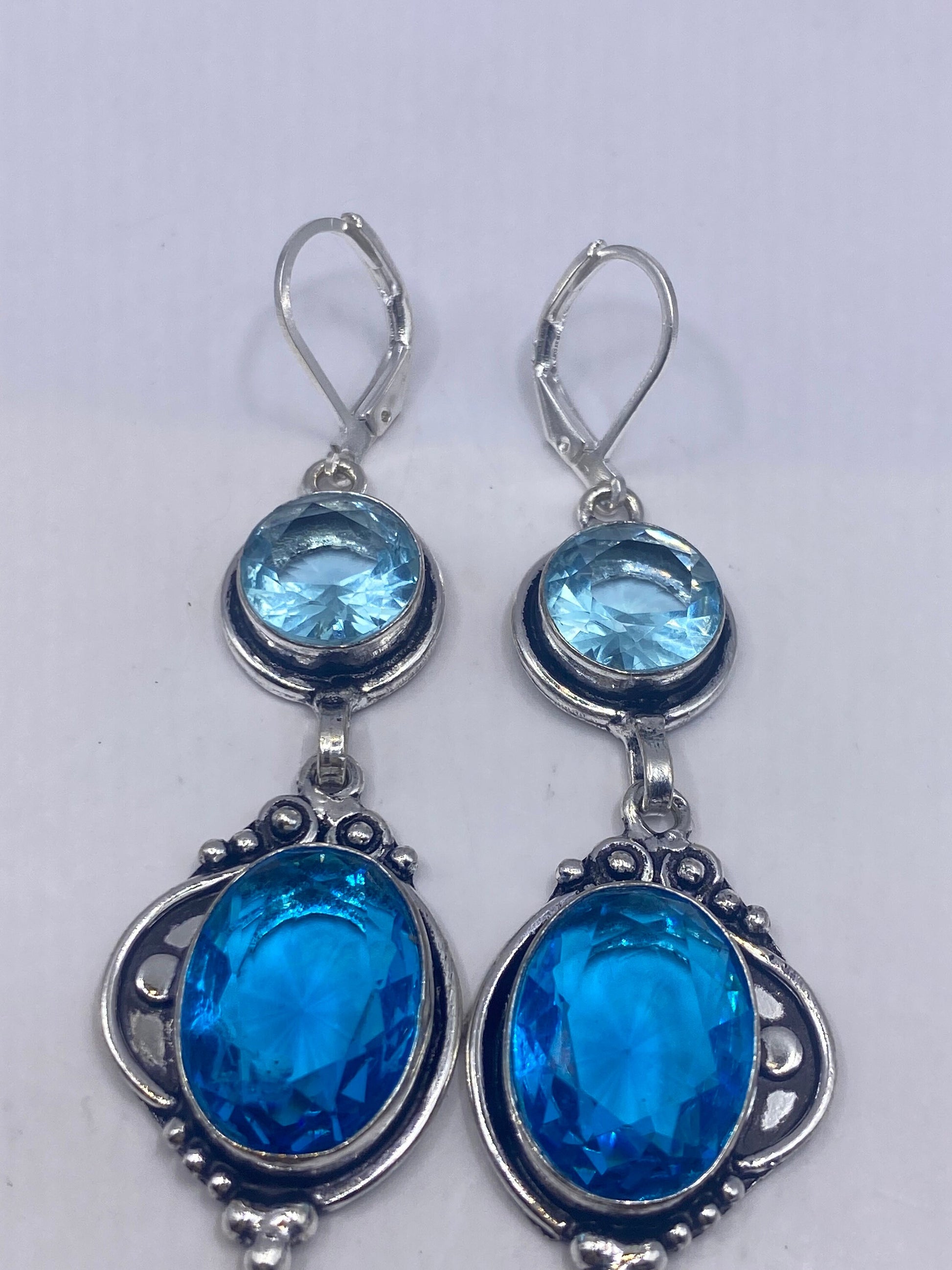 Antique Vintage Blue Topaz and Volcanic Glass Silver Dangle Earrings