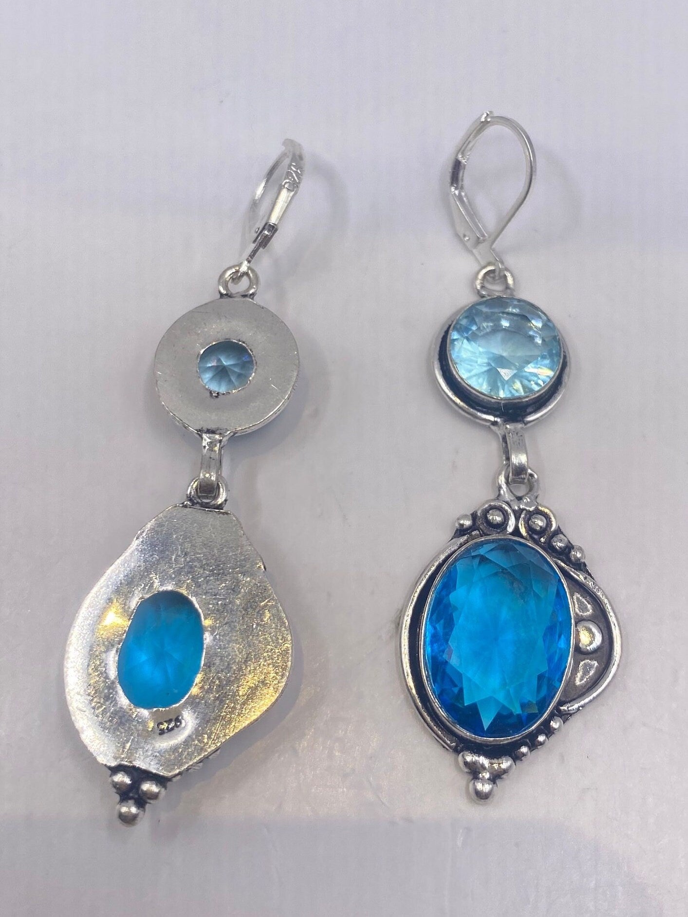 Antique Vintage Blue Topaz and Volcanic Glass Silver Dangle Earrings
