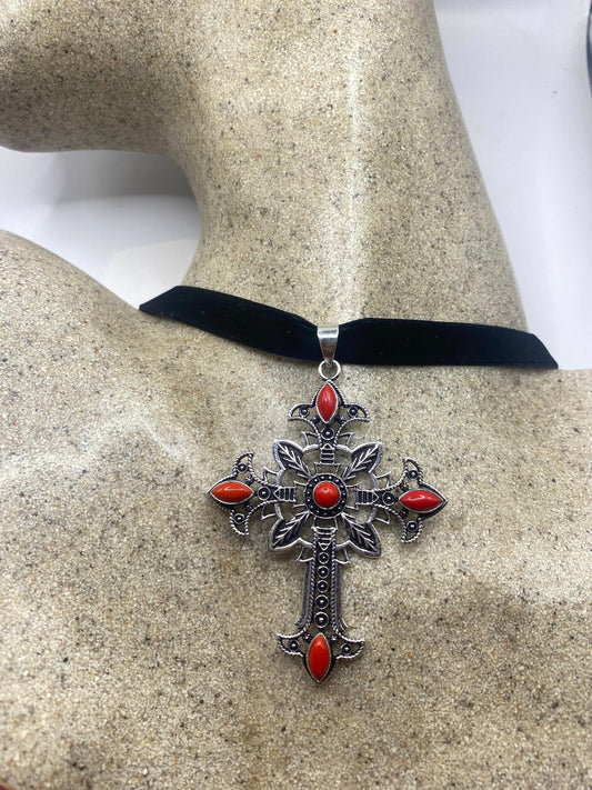 Vintage Red Coral Cross Choker Black Velvet Necklace.