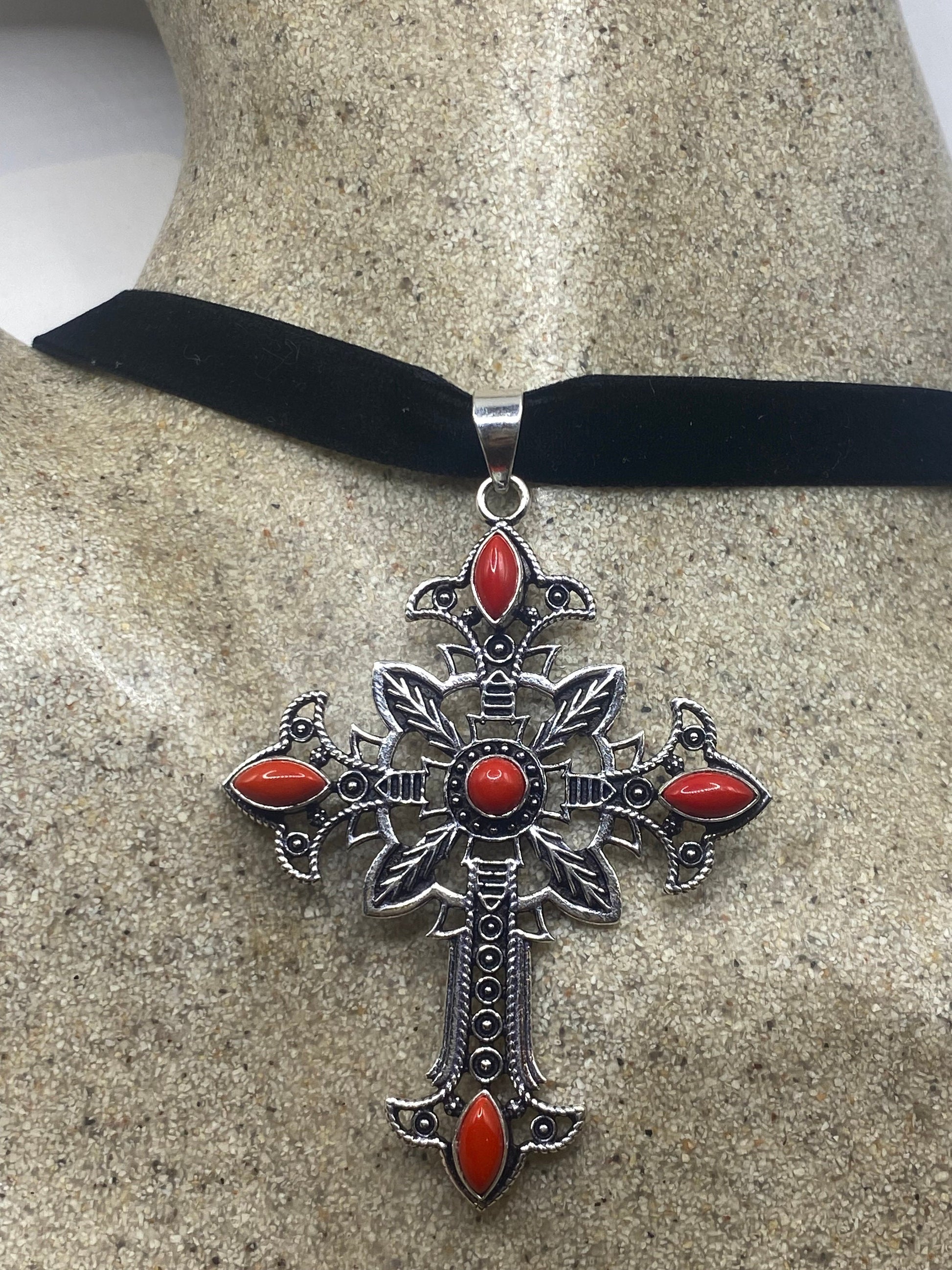 Vintage Red Coral Cross Choker Black Velvet Necklace.
