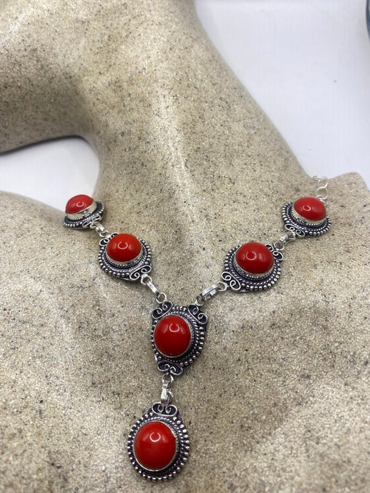 Vintage Silver Red Coral Choker Necklace