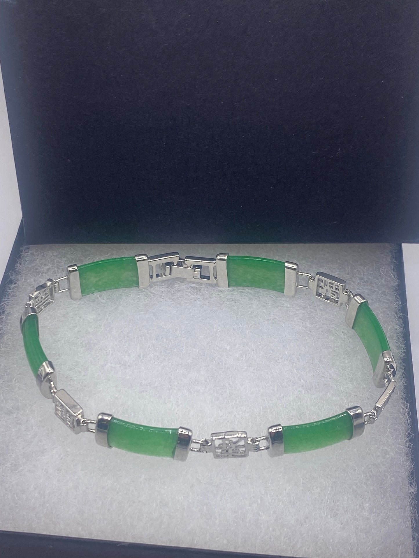 Vintage Green Jade Bracelet Silver White Bronze