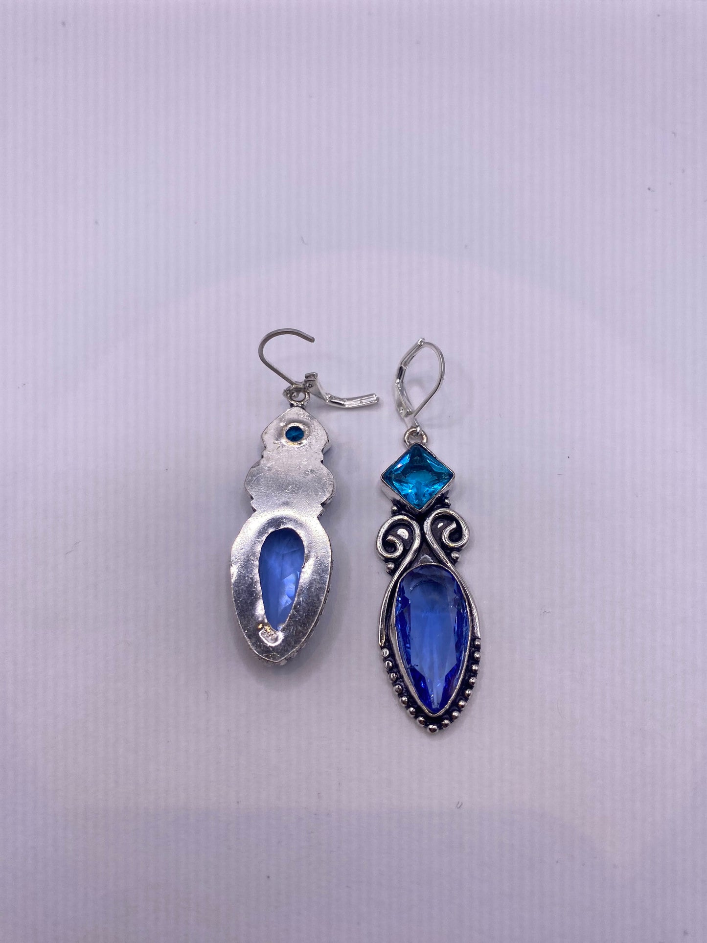 Antique Vintage Blue Topaz and Volcanic Glass Silver Dangle Earrings