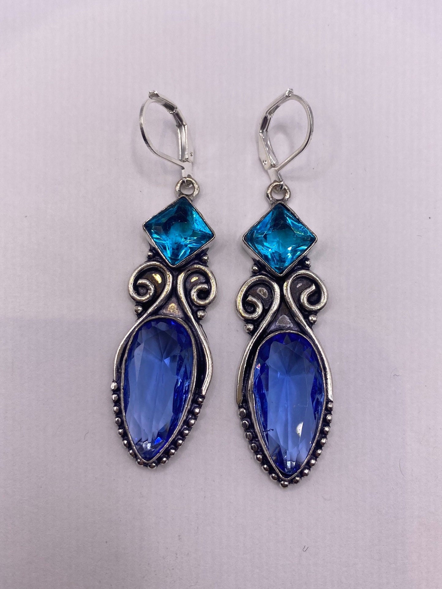 Antique Vintage Blue Topaz and Volcanic Glass Silver Dangle Earrings