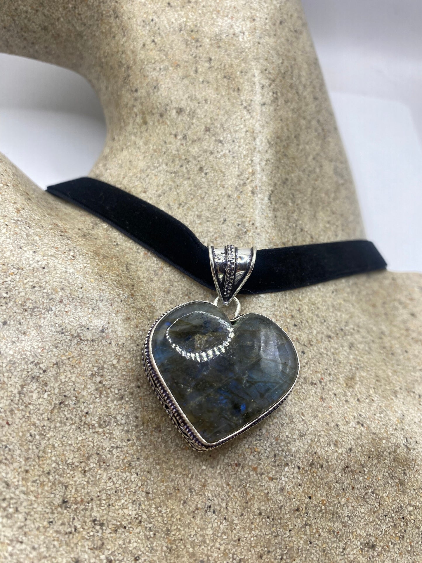 Vintage Heart Antique Blue Labradorite Choker Necklace