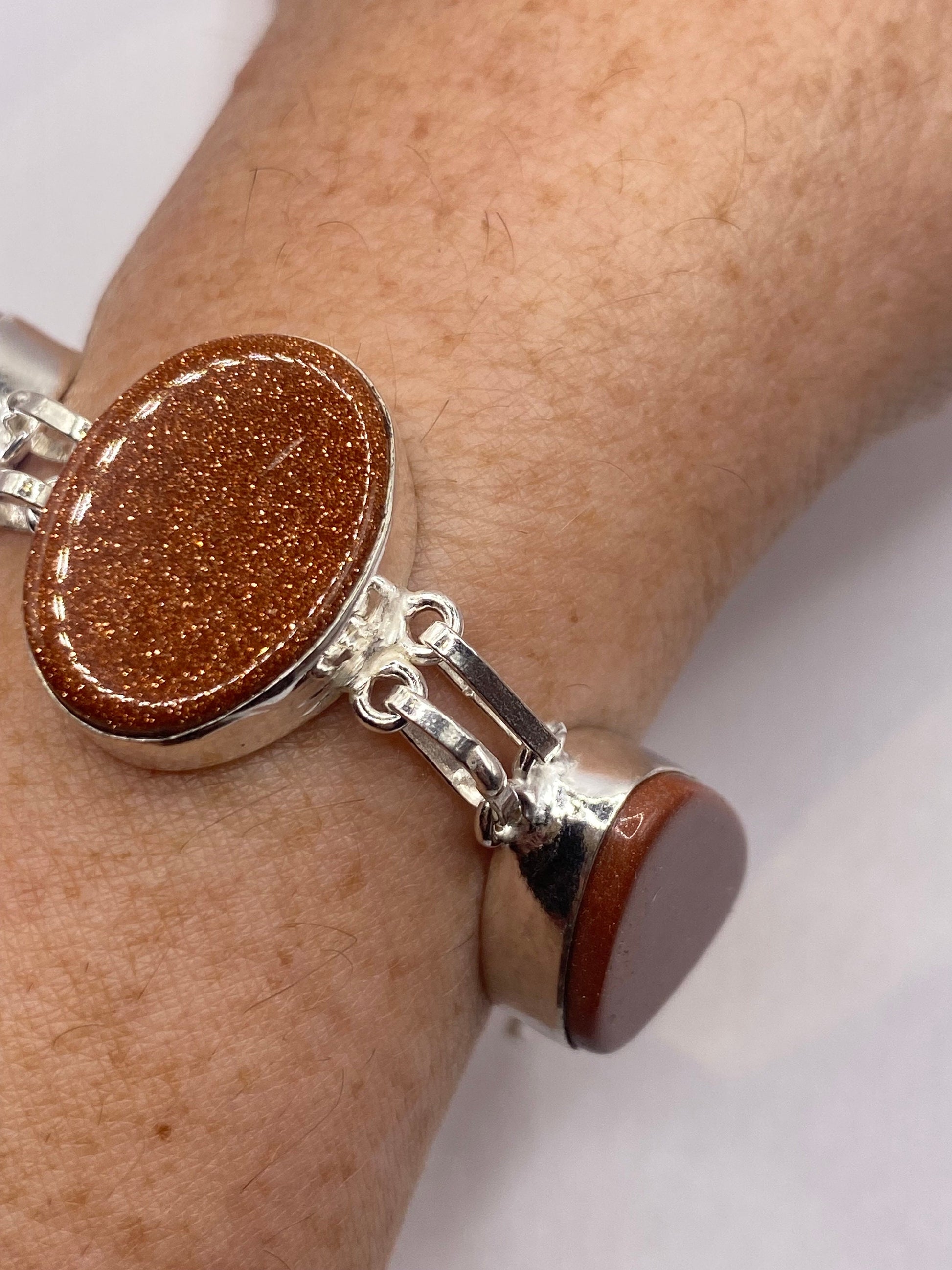Vintage goldstone Silver Statement Chain Bracelet
