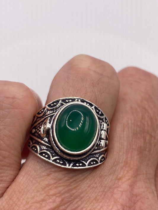 Vintage Green Chrysoprase Brass Poison Pillbox Ring