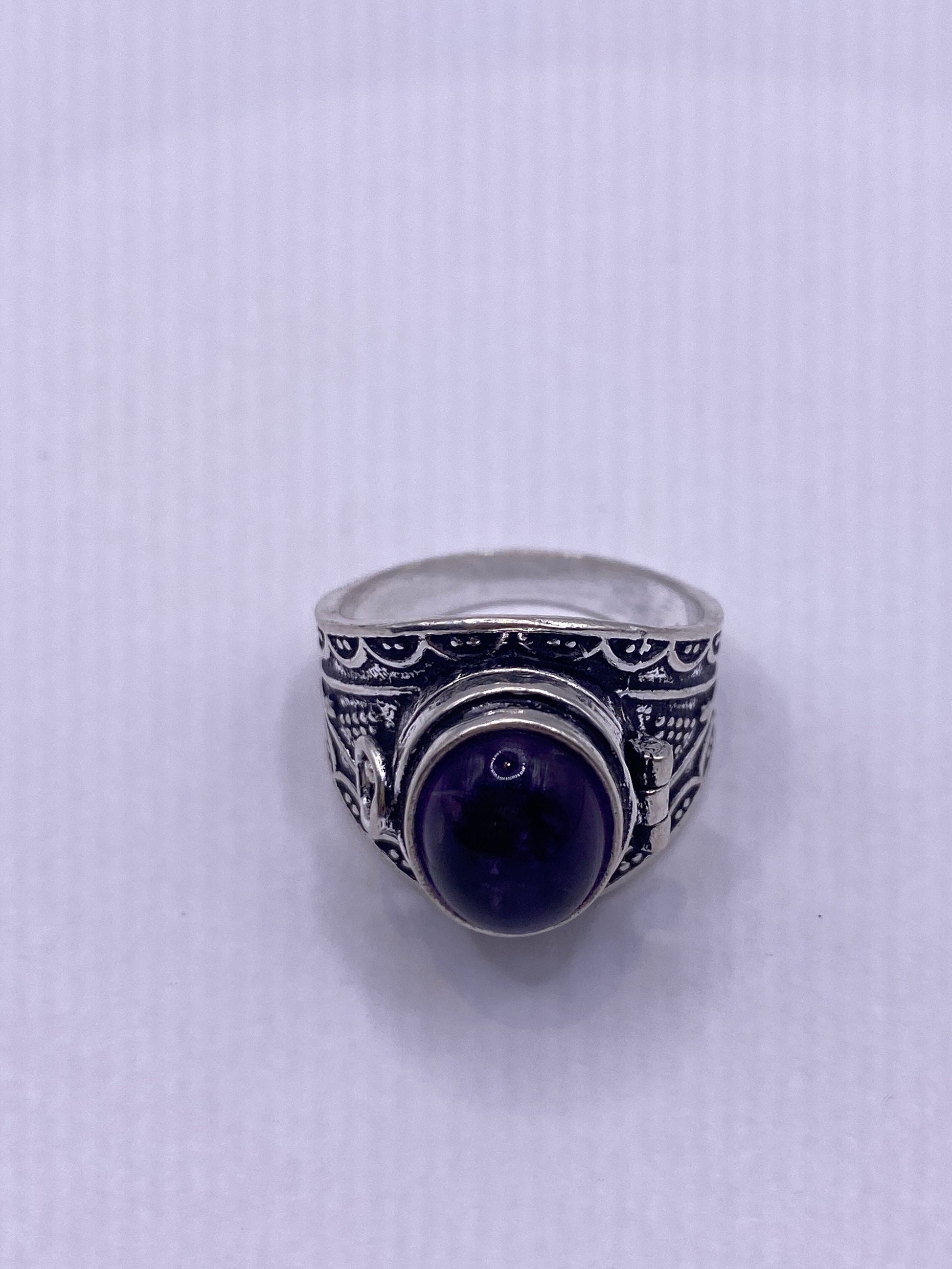 Vintage Purple Amethyst Silver Bronze Poison Pillbox Ring