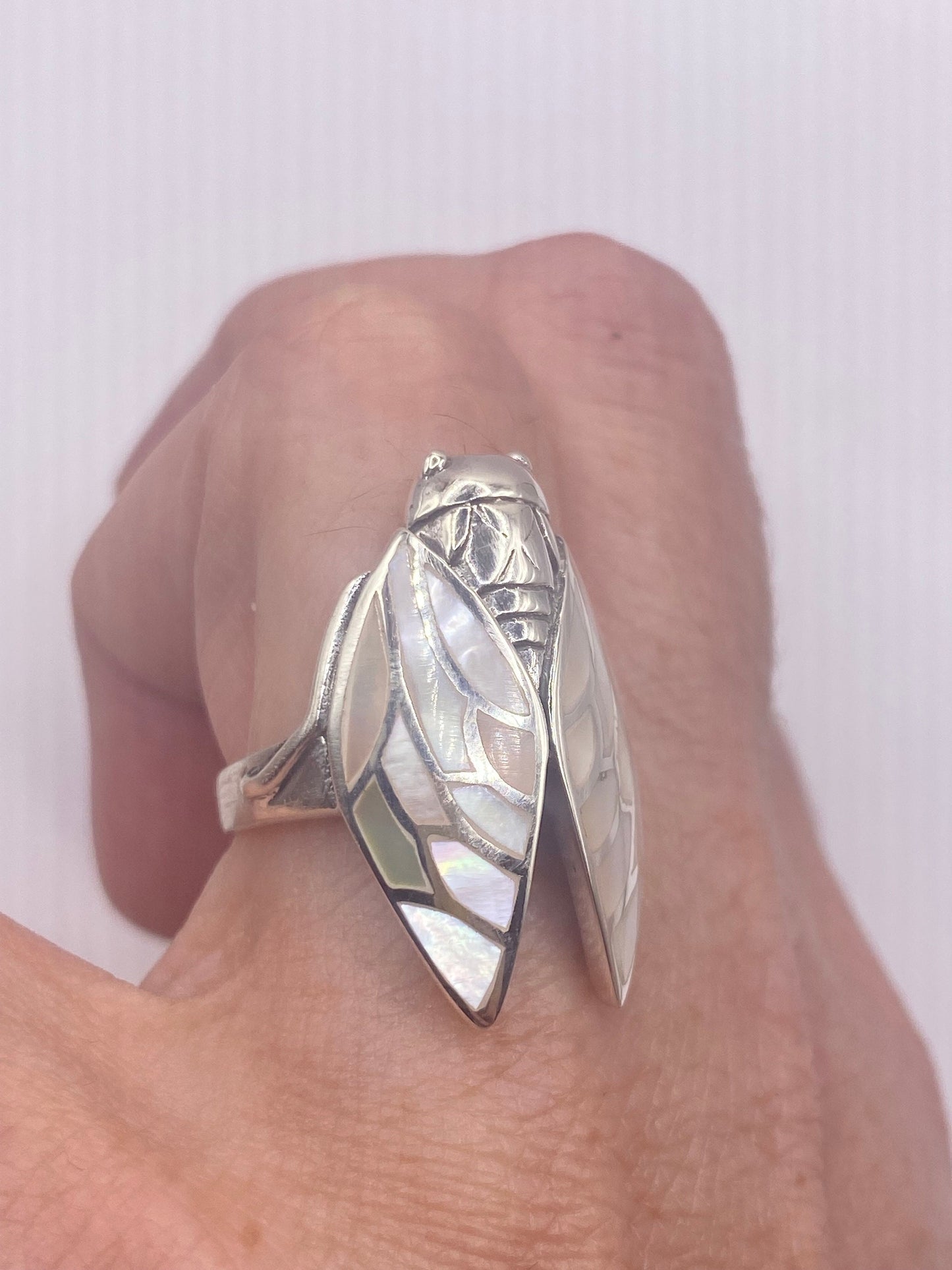 Antique Deco Mother of Pearl Cicada 925 Sterling Silver Ring