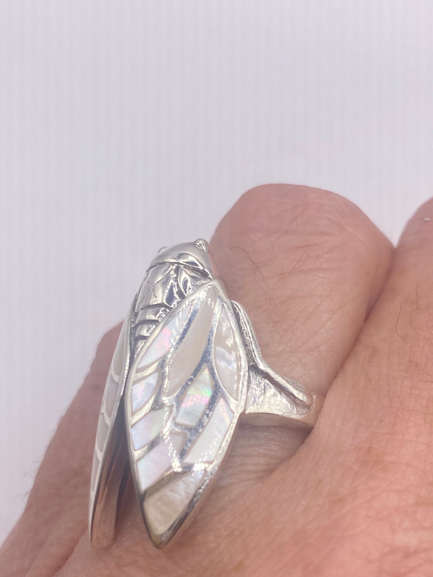Antique Deco Mother of Pearl Cicada 925 Sterling Silver Ring