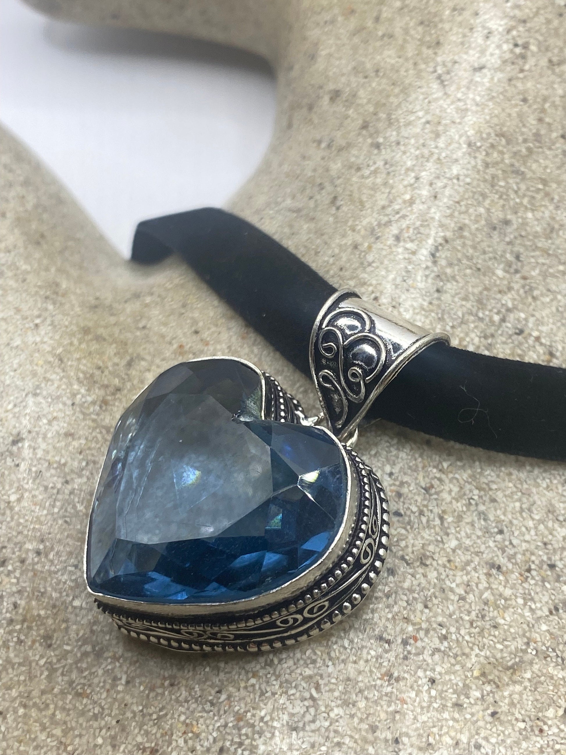 Vintage Blue Glass Heart Antique Black Velvet Ribbon Choker Necklace