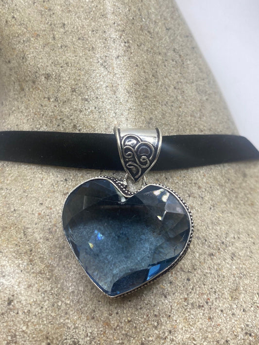 Vintage Blue Glass Heart Antique Black Velvet Ribbon Choker Necklace