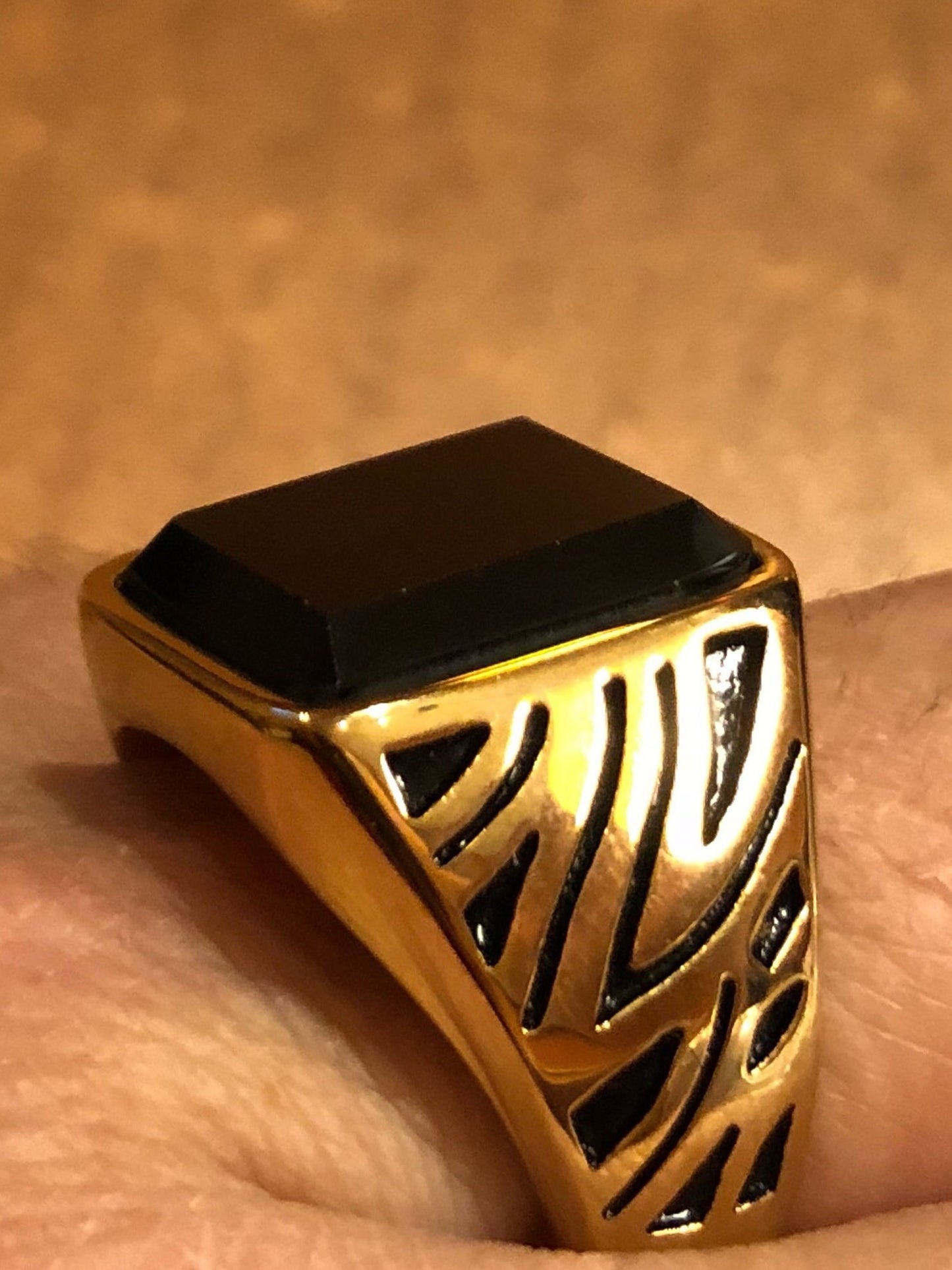 Vintage Gothic Gold Finished Stainless Steel Black Onyx Mens Ring