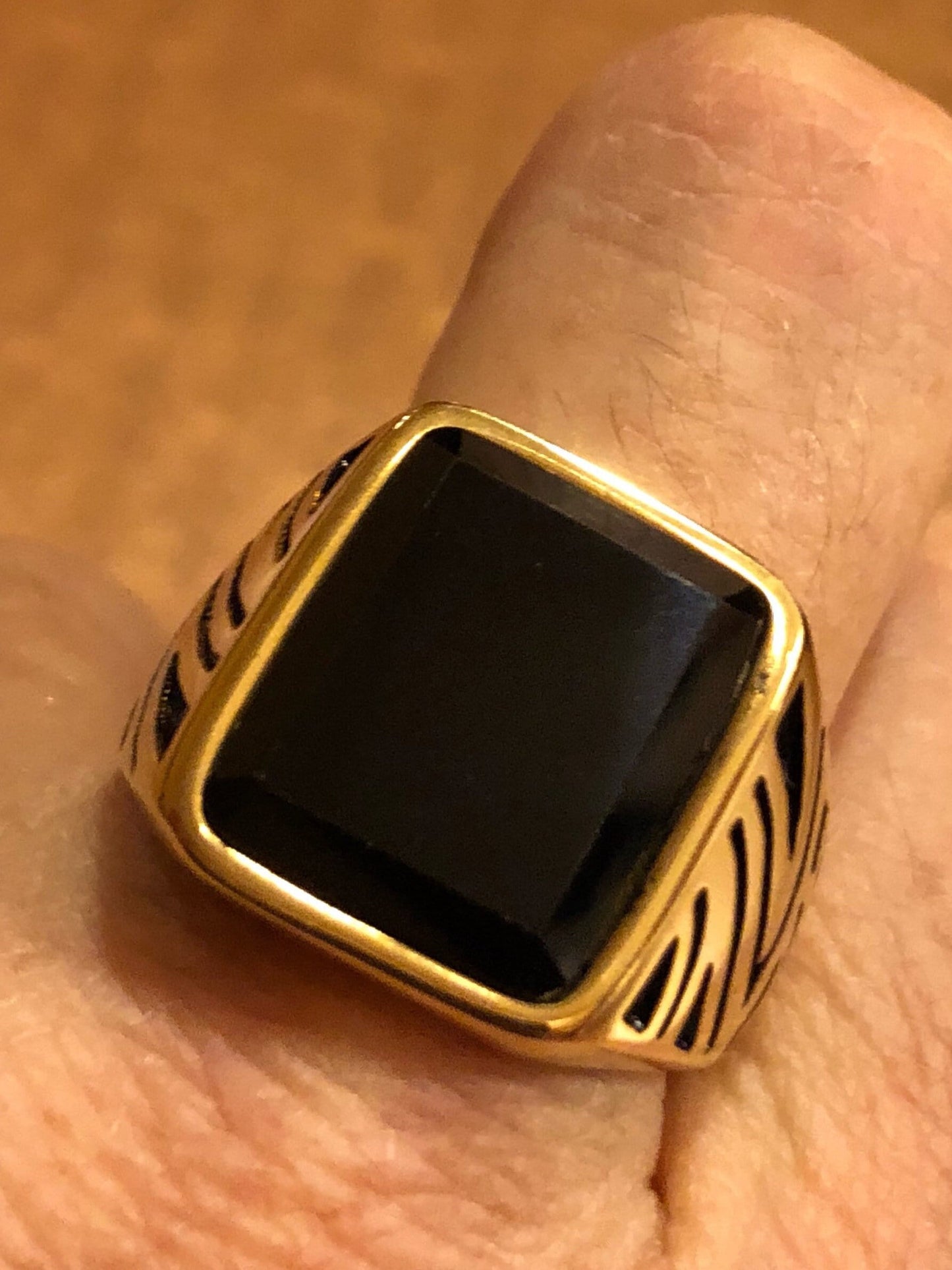 Vintage Gothic Gold Finished Stainless Steel Black Onyx Mens Ring