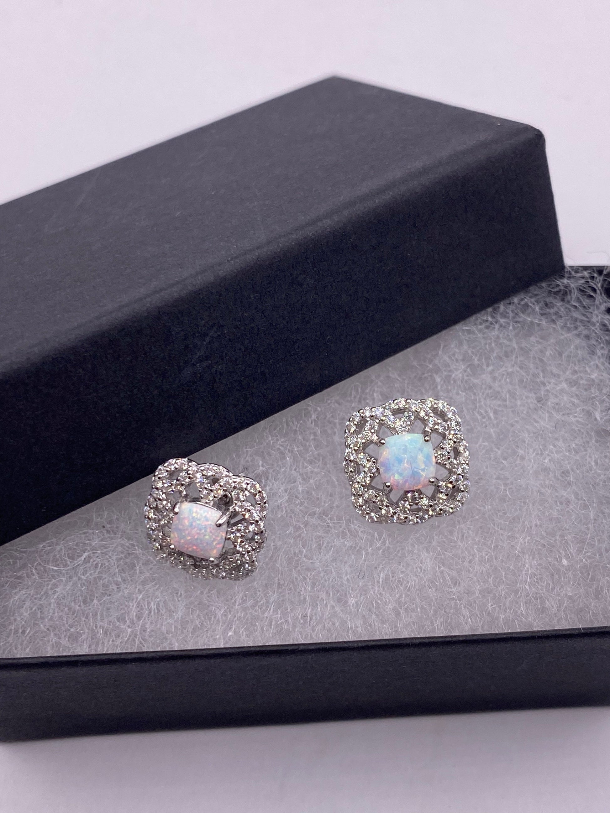 Vintage Opal Earrings 925 Sterling Silver Stud Button