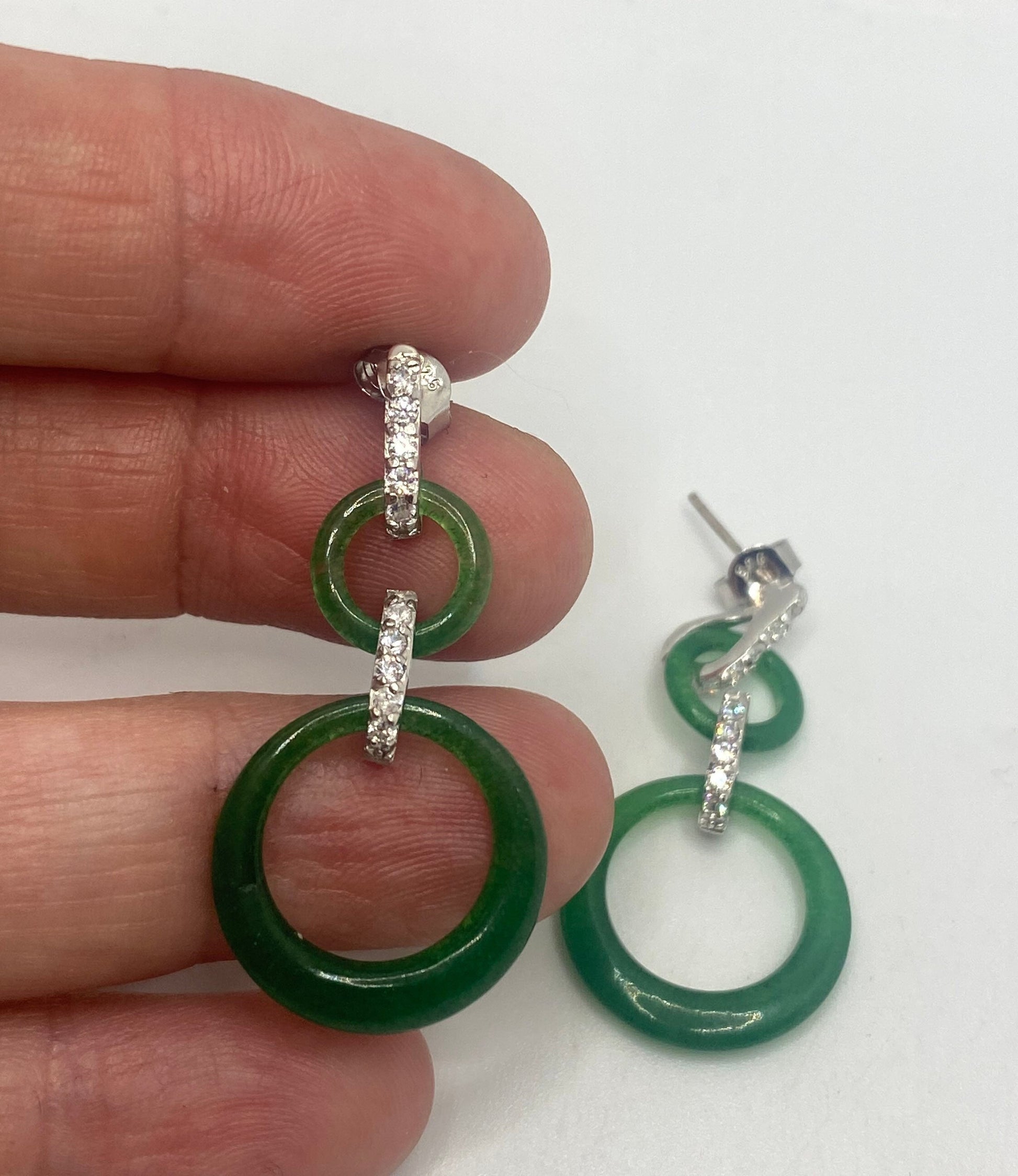 Vintage Green Jade Chandelier Sterling Silver Earrings