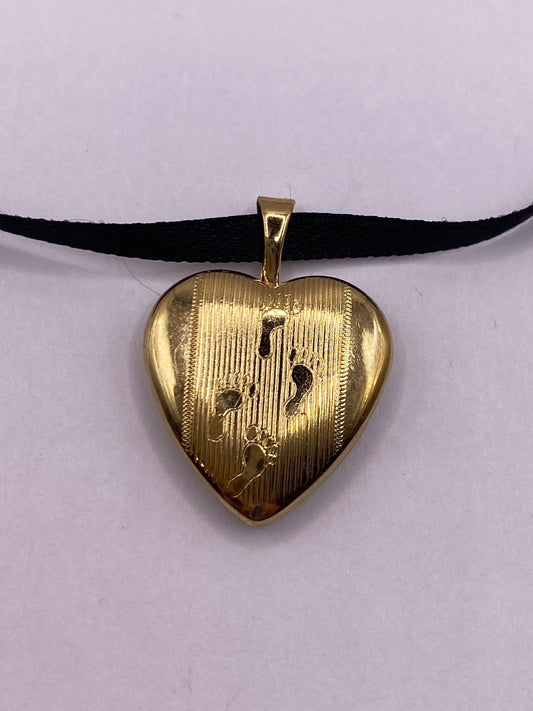 Vintage Heart Christian Footprint Locket Choker Gold Filled Necklace