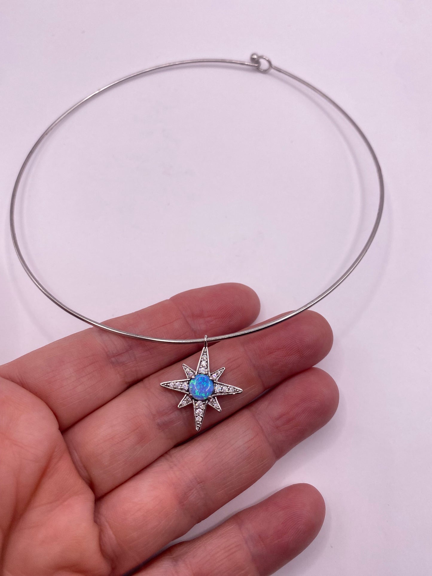 Vintage Blue Opal Star Choker 925 Sterling Silver Hoop Necklace