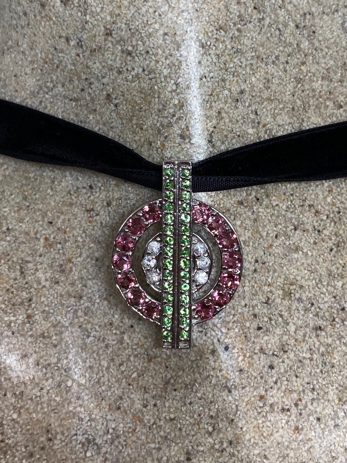 Vintage Watermellon Tourmaline 925 Sterling Silver Black Velvet Choker Antique Pendant Necklace