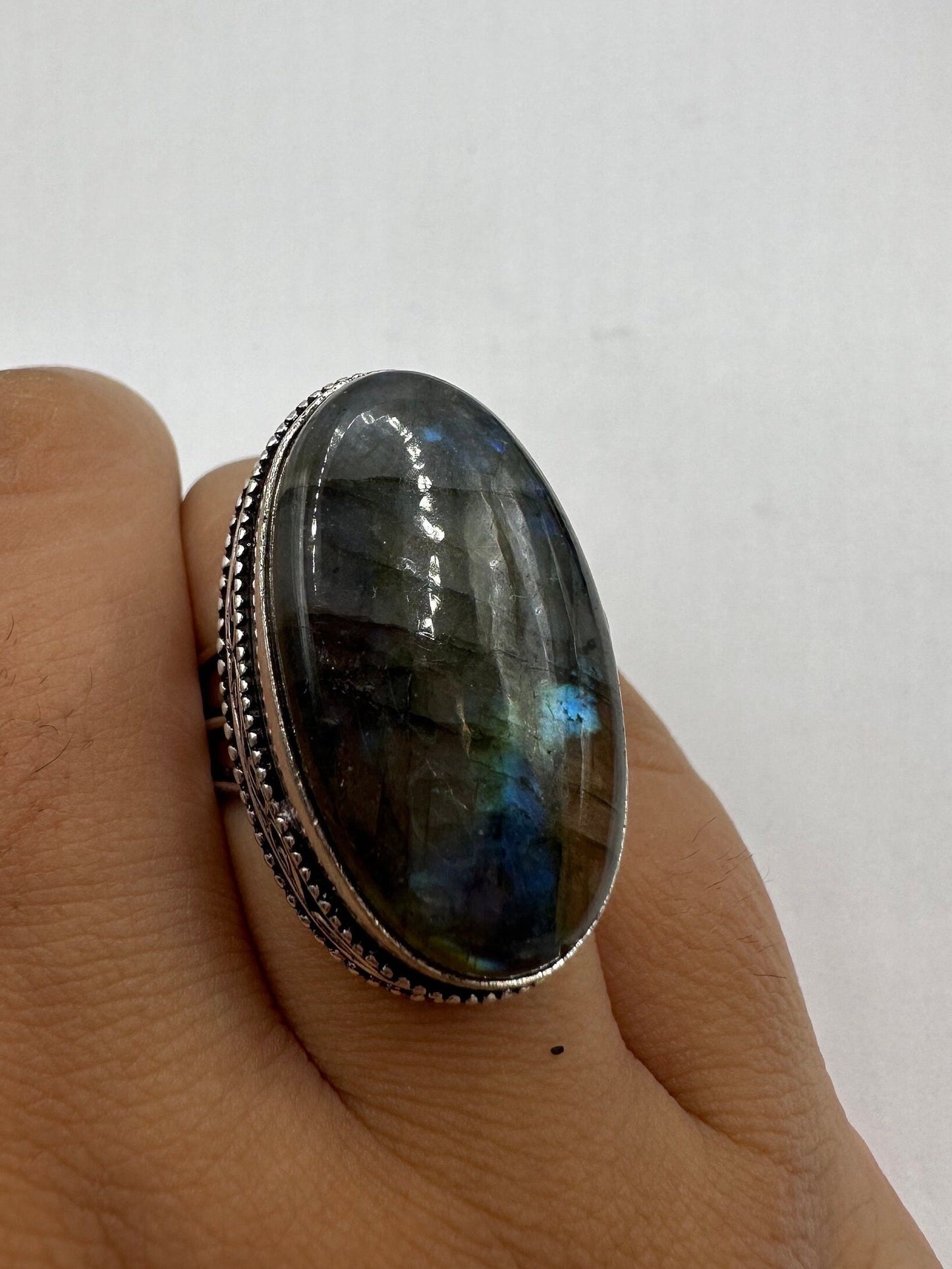 Vintage Labradorite Silver Boho Statement Ring