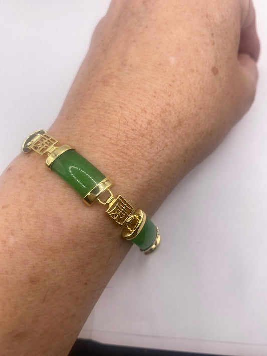 Vintage Green Jade Bracelet Golden White Bronze