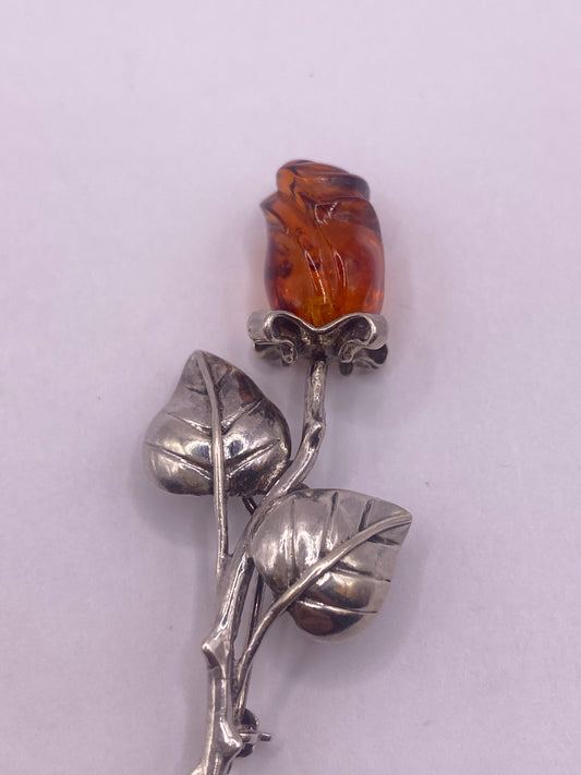 Vintage Hand Carved Golden Baltic Resin Rose Brooch Pin