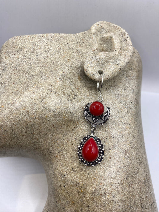 Vintage Red Coral Earrings 925 Sterling Silver Leverback