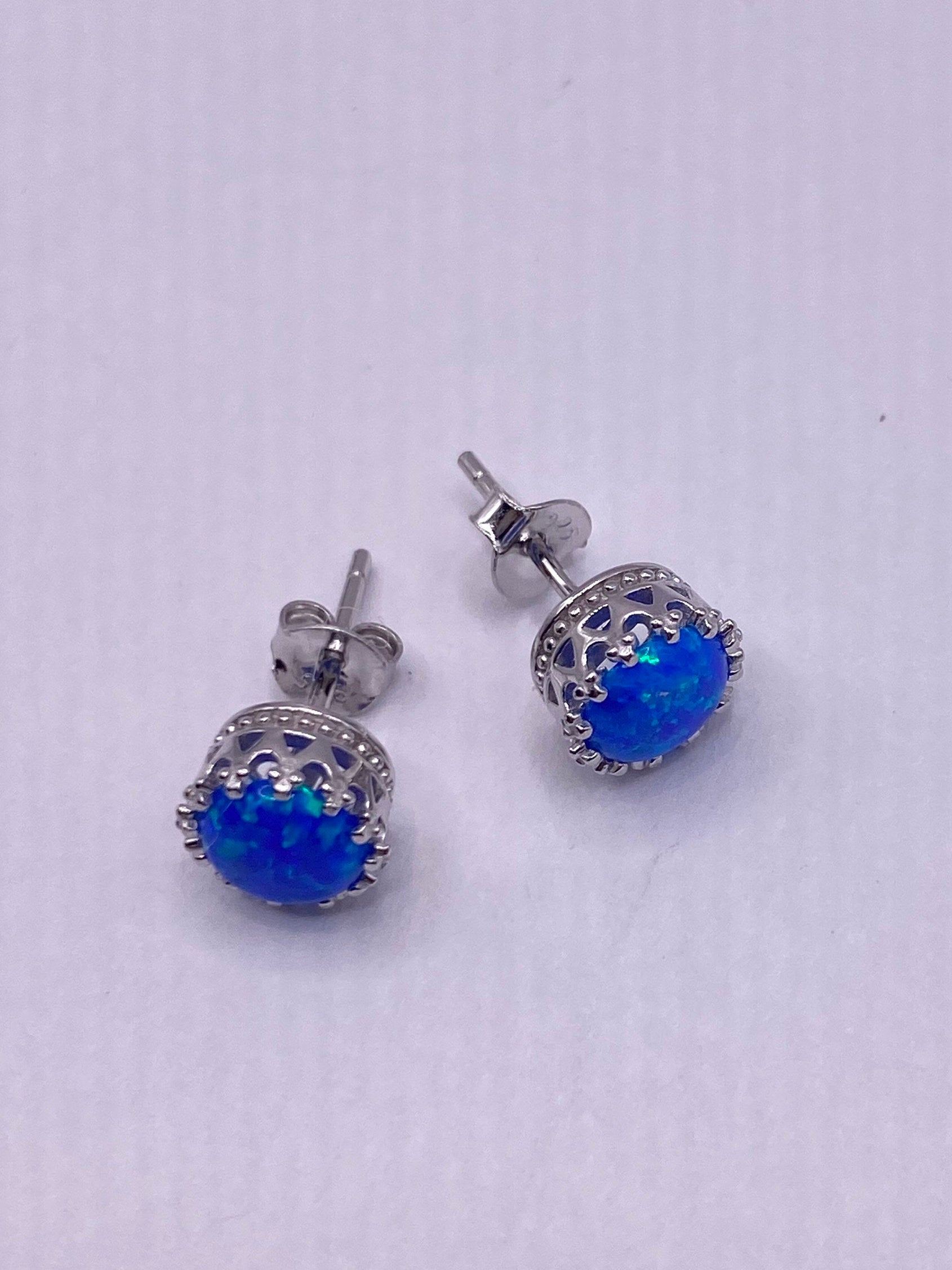 Vintage Blue Opal Earrings 925 Sterling Silver Studs