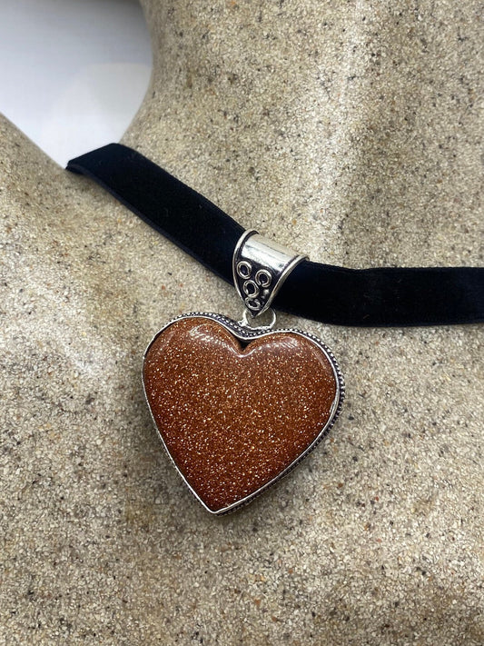 Vintage Golden Sandstone Heart Choker Goldstone Silver Necklace